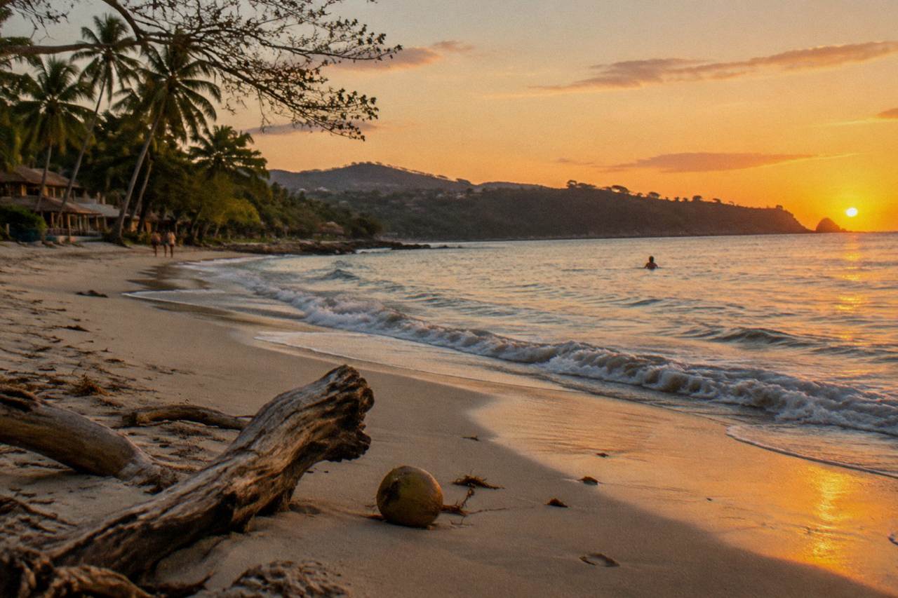Calm tropical bay with gentle waves meeting a sandy beach at golden hour