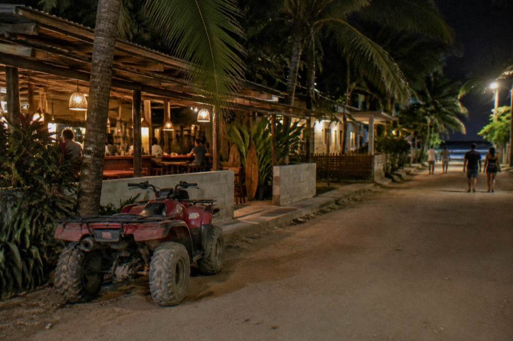 Main street at night with lit bar signs and palm trees along the sidewalk