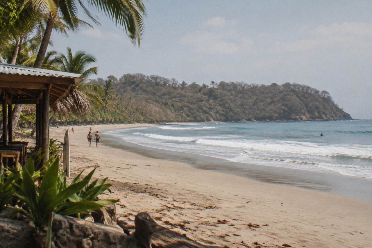 Wide beach curving along a Pacific bay with gentle surf and wooded headland in the distance