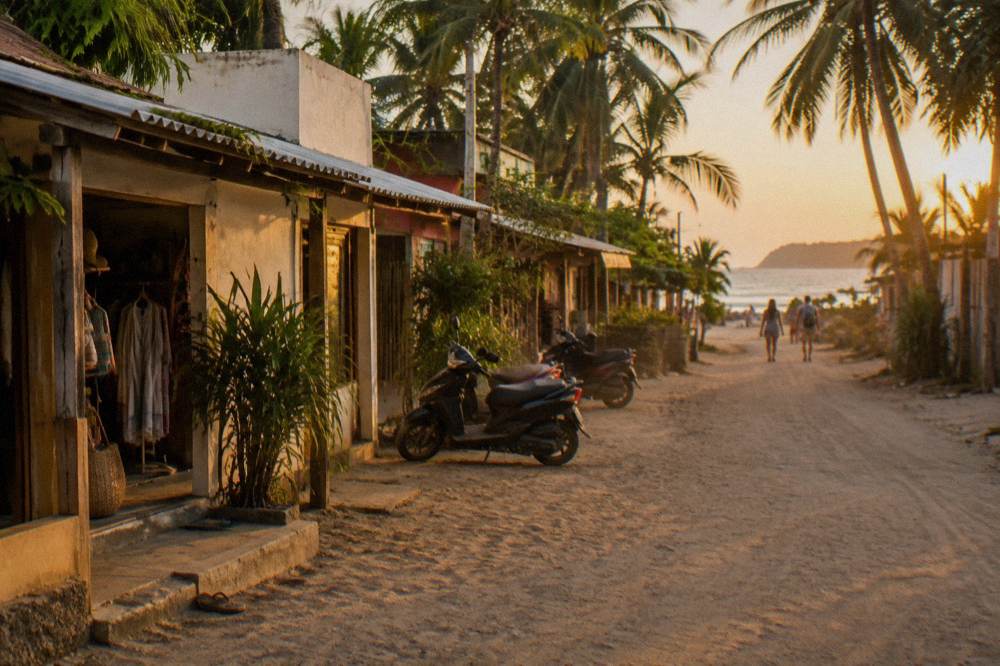 A palm-lined beachfront street with low buildings and bicycles parked outside shops in warm evening light