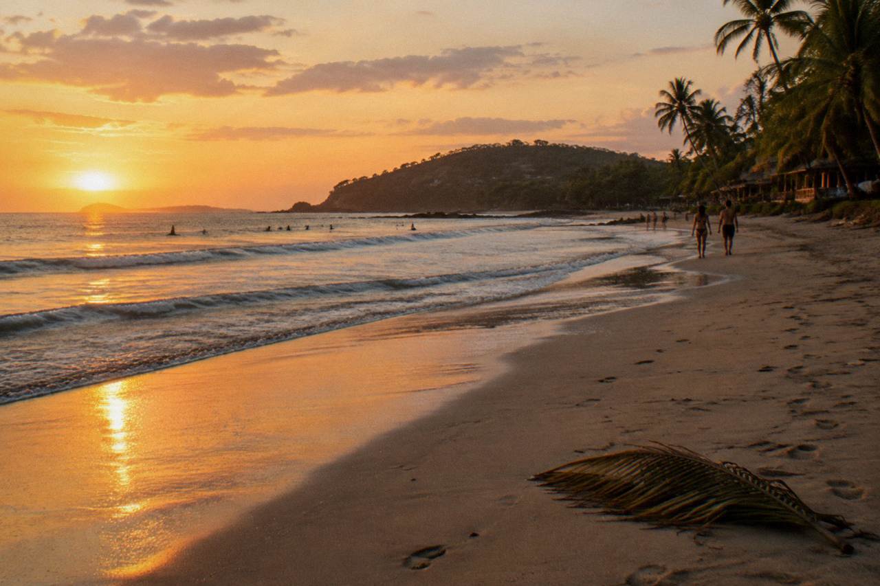 A wide sandy beach curving along a calm Pacific bay at golden hour with low waves rolling in