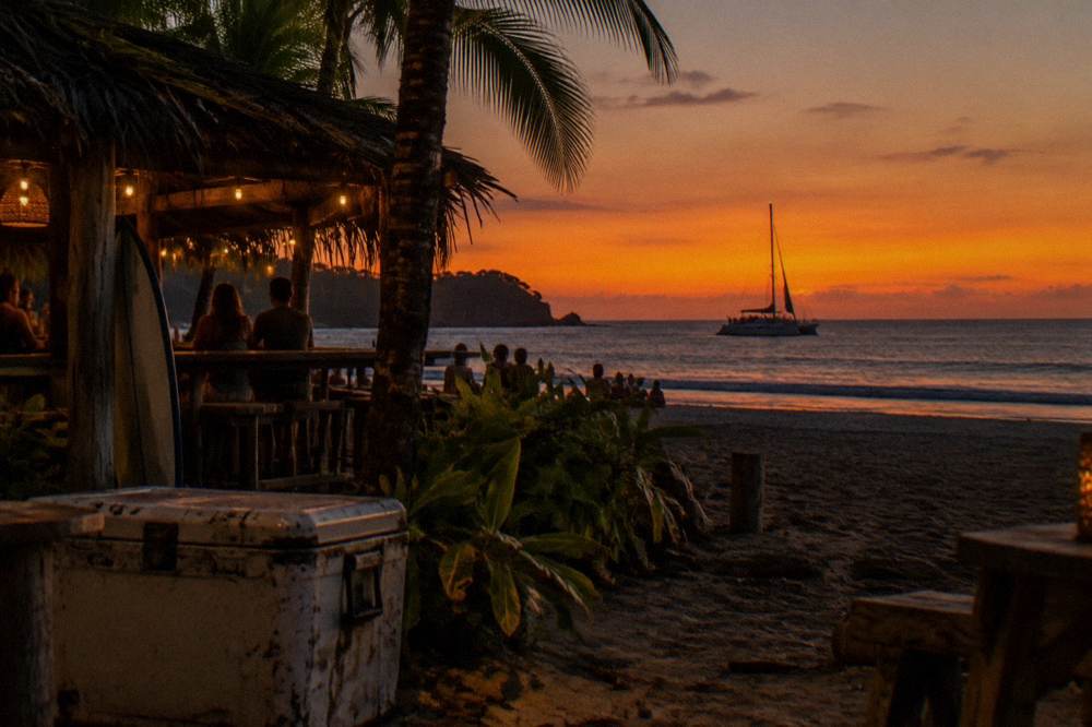 A catamaran silhouetted against a deep orange sky with passengers on deck after sunset