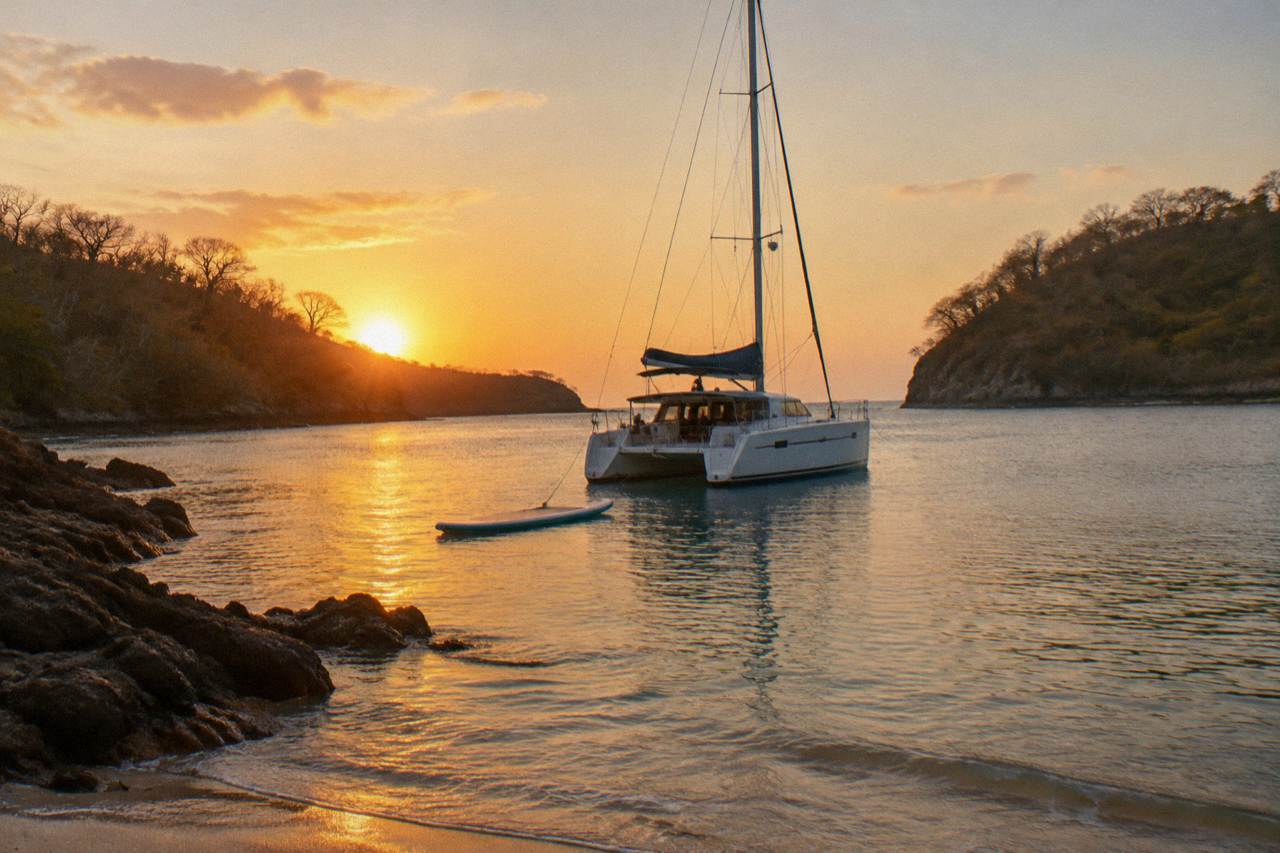 Catamaran anchored in a calm Pacific cove near Tamarindo at golden hour