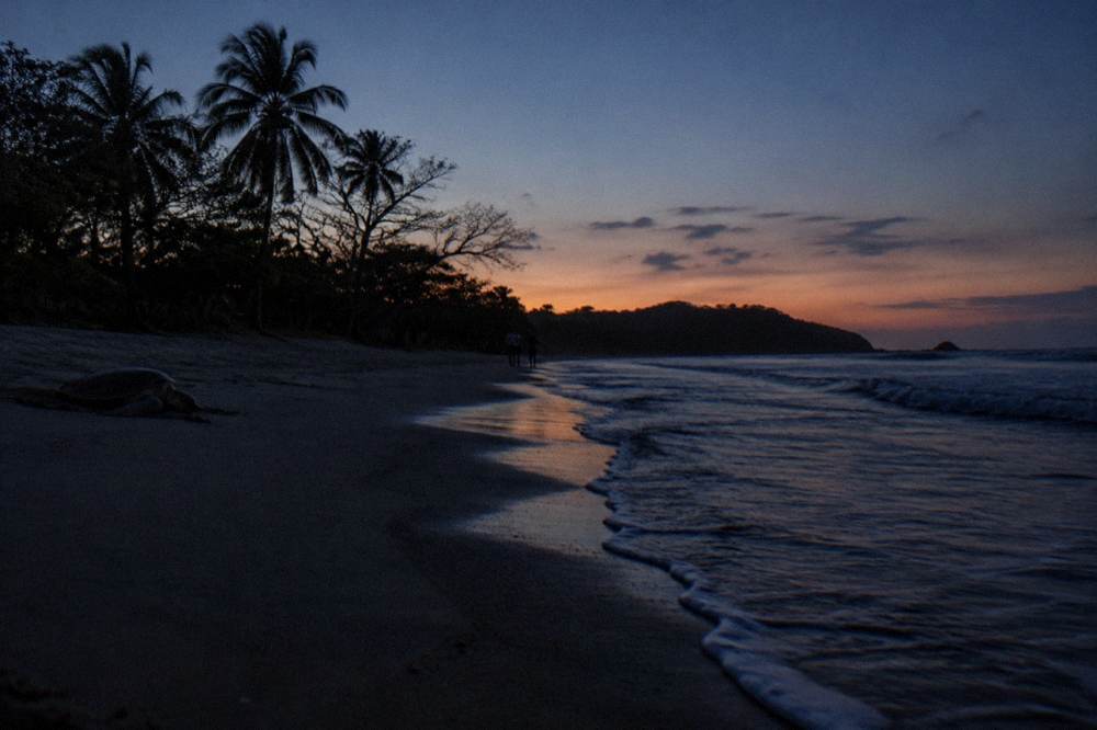Darkening beach at dusk with gentle waves along the shoreline