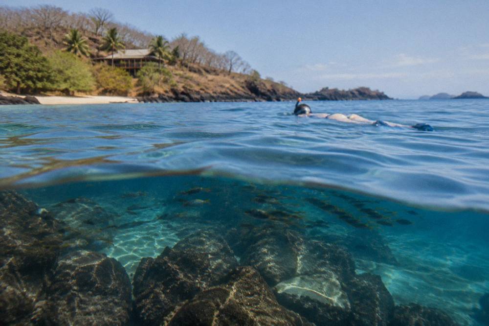 Snorkeler floating over clear water above a rocky reef