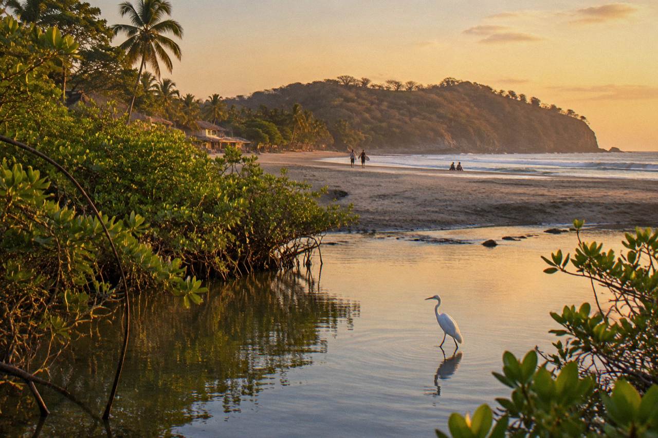 Mangrove estuary channel beside a wide Pacific beach at golden hour