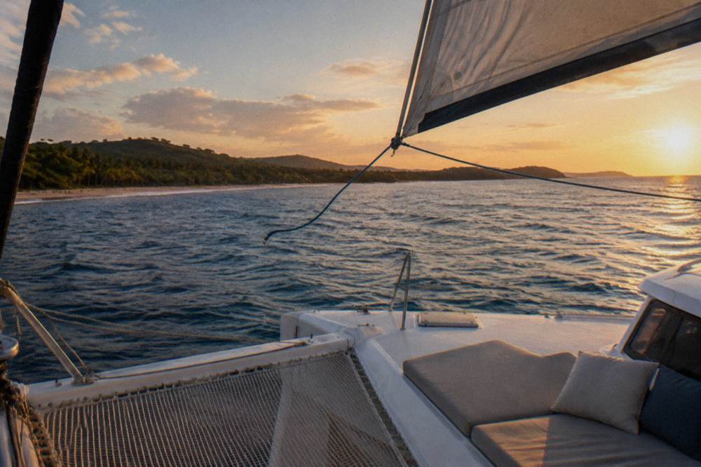 Private catamaran underway on open water with sails up and empty deck seating