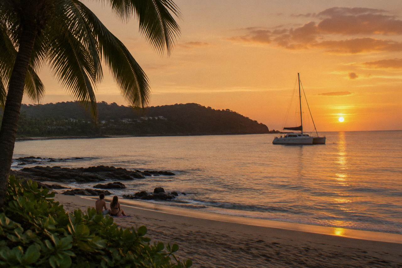 Catamaran anchored in a calm Pacific bay near Tamarindo at golden hour