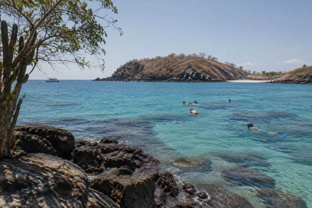 Snorkelers floating over a rocky reef in clear turquoise water