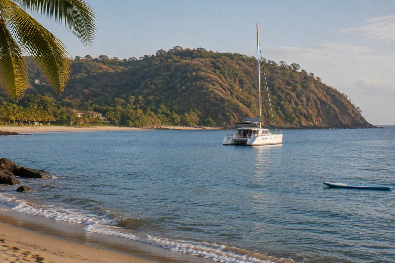 A white catamaran anchored in calm blue water off a green Pacific headland