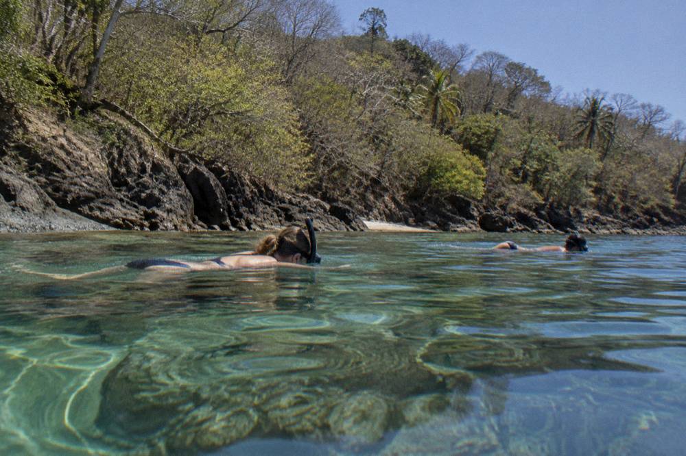 Snorkelers exploring clear water over rocks near a forested Guanacaste cove