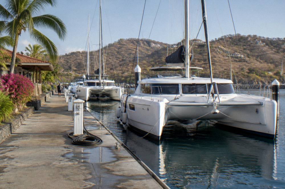 A marina dock with catamarans moored against a forested coastline