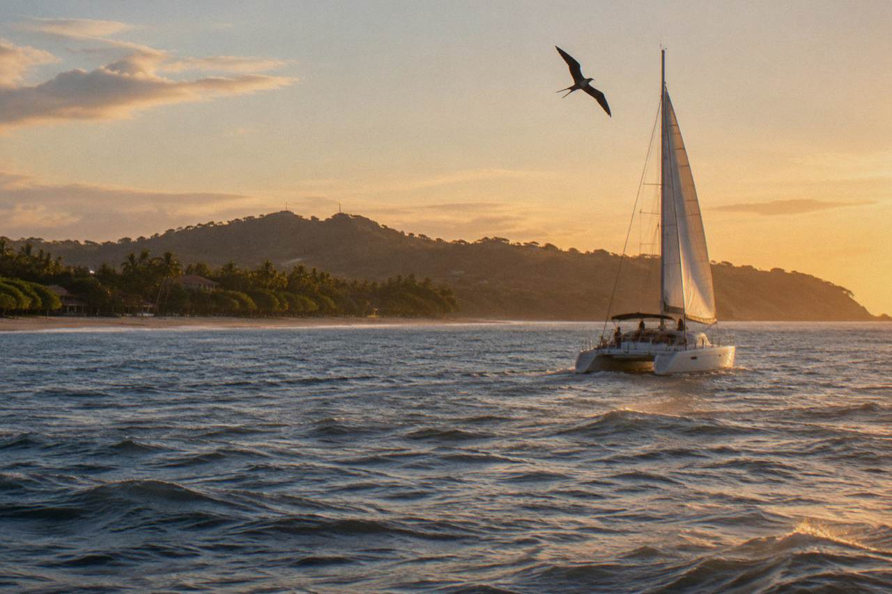 Catamaran under sail on calm Pacific water off the Guanacaste coast in late afternoon light