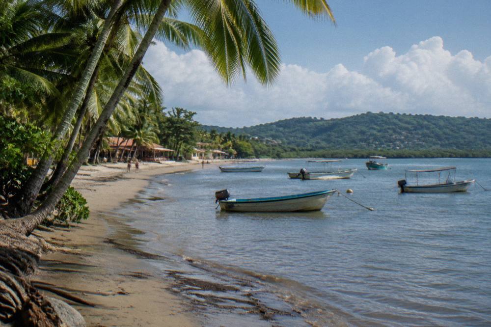 Palm trees and anchored boats along a tropical shoreline under a partly cloudy sky