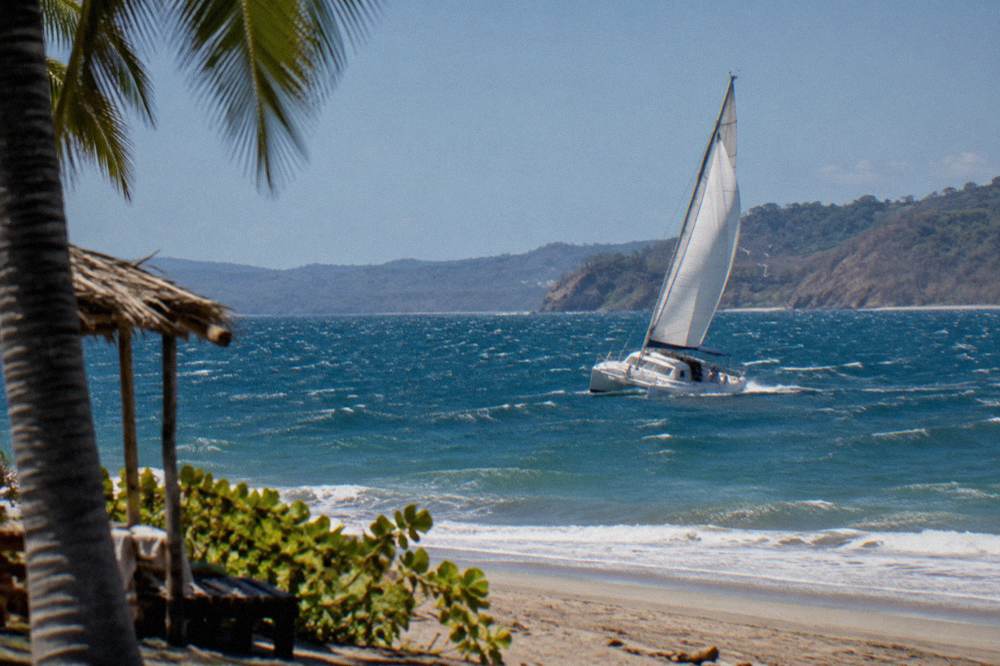 White sails of a catamaran heeling slightly on open blue water with whitecaps
