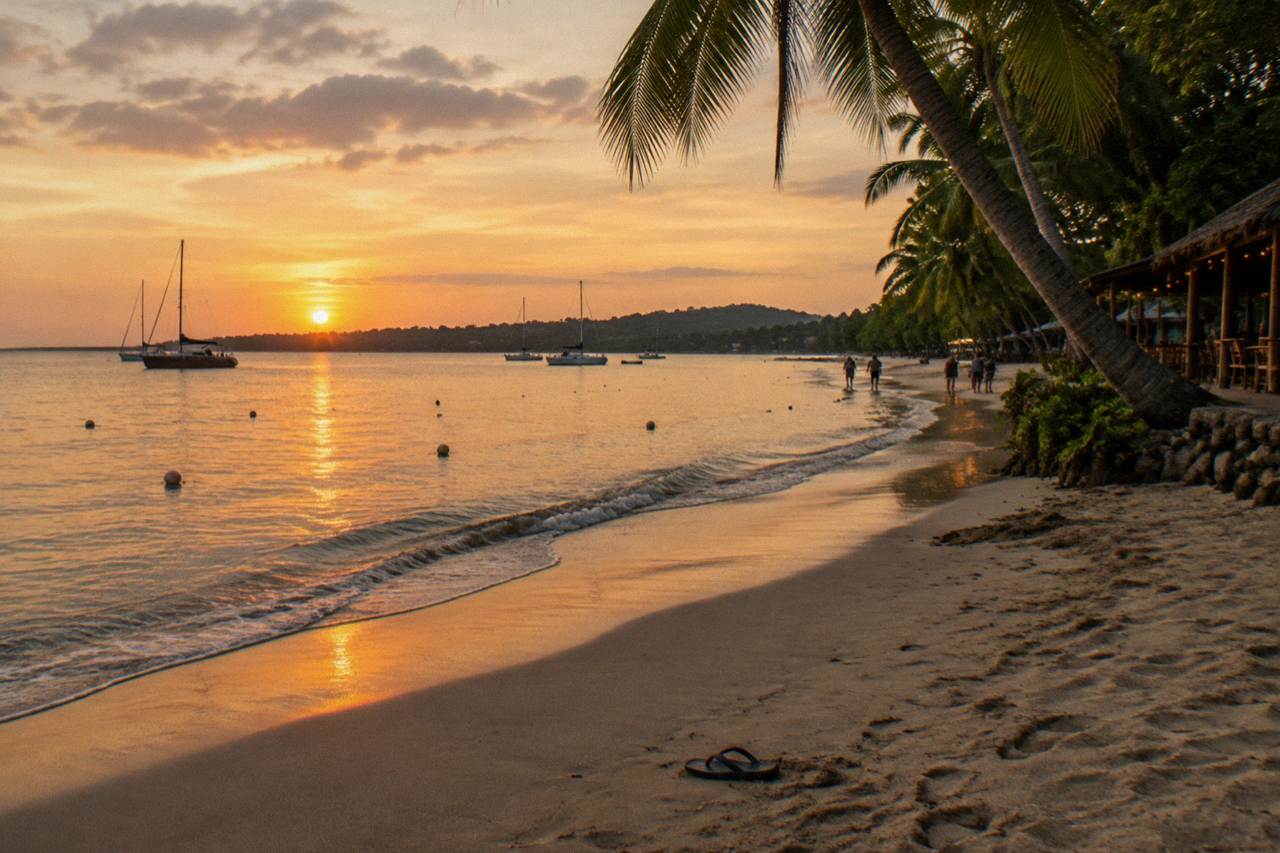 Anchored sailboats resting on calm golden water near a tree-lined tropical beach at dusk